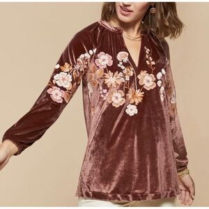 Spartina 449 Genevieve Popover Velvet Top in Lucas Theatre Embroidery M Brown